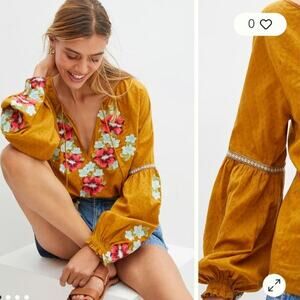 Anthropologie Plus 2X Mustard Embroidered Floral Peasant Blouse Boho Tassel Tie
